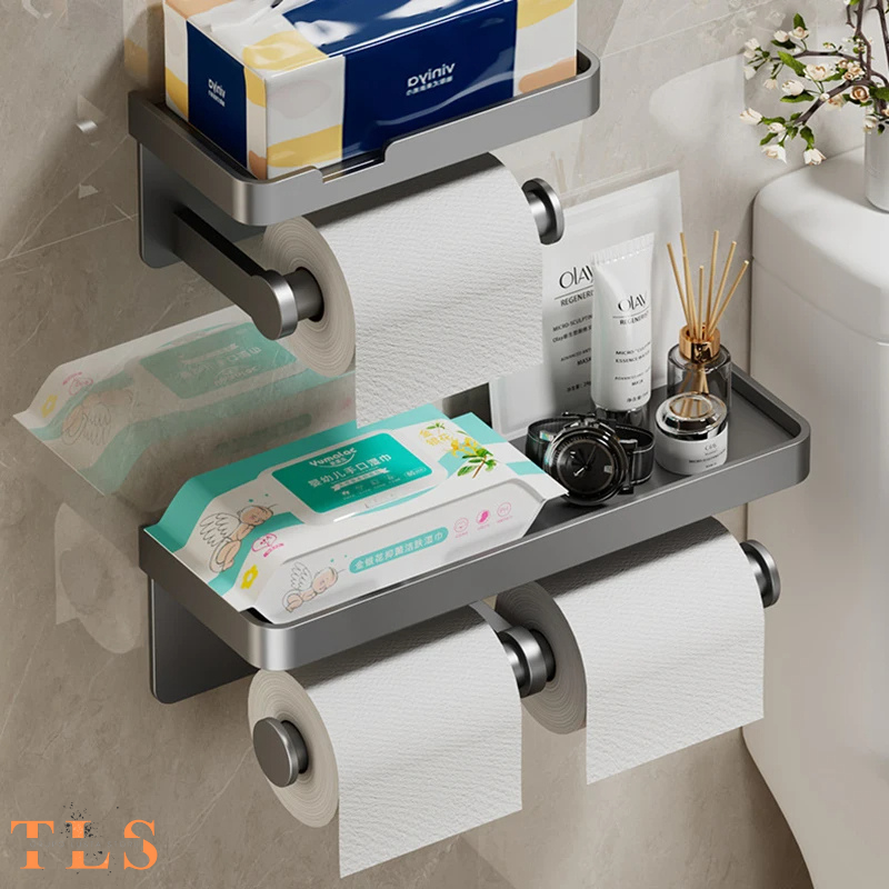 Porta-Papel Higiênico Premium com Prateleira – Alumínio Durável e Design Moderno